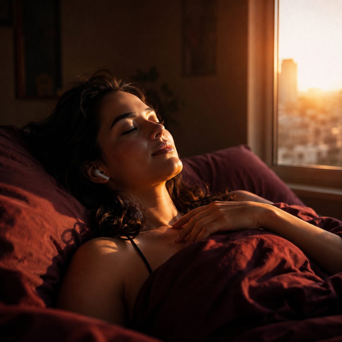 Mulher ouvindo o áudio de manhã, de olhos fechados, em paz